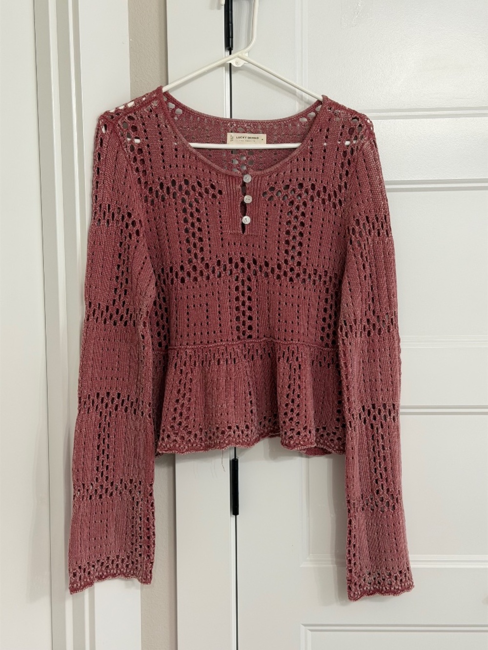 NWT Lucky Brand Top Womens  Pink Crochet Hippy Festival 60s 70s Pullover Size M
